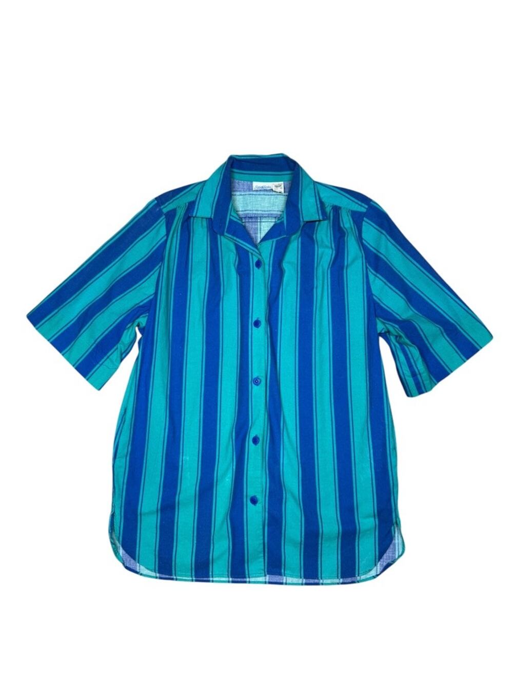 Vintage 70s Sandcastle Blue Green Striped Oversized Button Front Shirt Medium